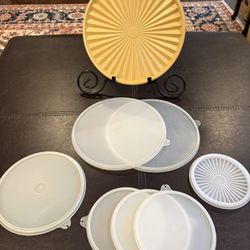 Tupperware Lids $5 EACH (10.5” gold Servalier Starburst lid, 2 - 9” clear, 1 - 7” clear, 3 - 5” clear, 1 clear Servalier Starburst lid 5”