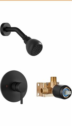 Shower Faucet Set with Rough-In Valve and Shower Head, Matte Black Single-Handle Control Shower Valve and Trim Kit, 1.8 GPM Flow Provide Smooth Adjust