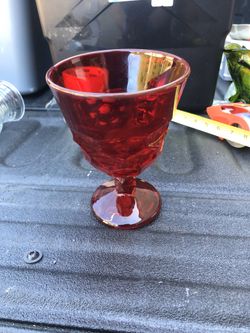 Vintage Ruby Red Short Pedestal Goblet, Large and Heavy Pressed Glass