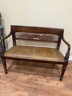 Antique Wood Settee with Leather Seat