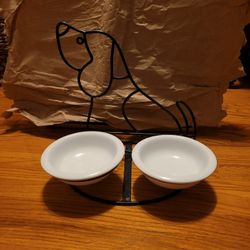 Metal Sculptural Dog Puppy Feeder w/ Ceramic Food & Water Bowls