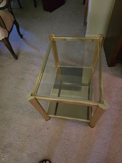 Pair of Gold Metal and Glass Two-Tier End Table