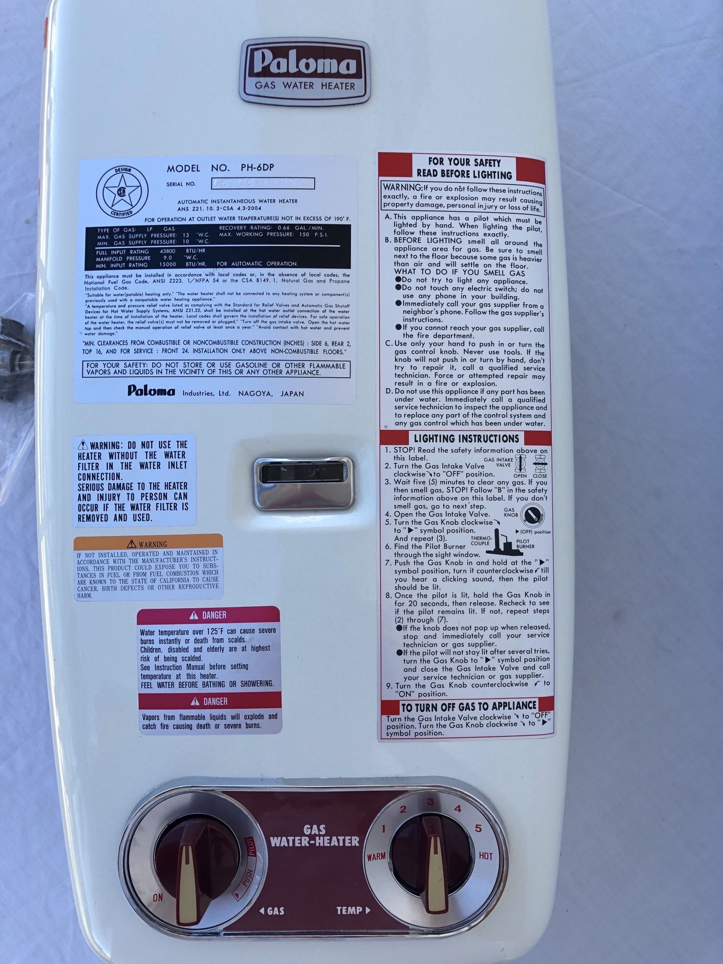 Paloma PH6DP propane LPG offgrid tankless water heater, excellent for