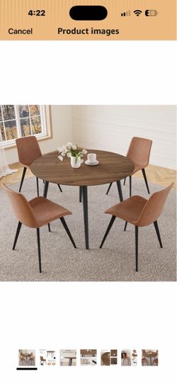 New in box Round Dining Table Set for 4, Walnut Table with 4 Brown Chairs 43.3 Inch MDF Tabletop, Steel Legs with Non-Slip Pads, Space-Saving for Kitc