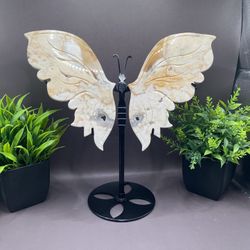 Hand carved Yellow Jade Butterfly Wings With Stand 565 g 9” x 10” including stand