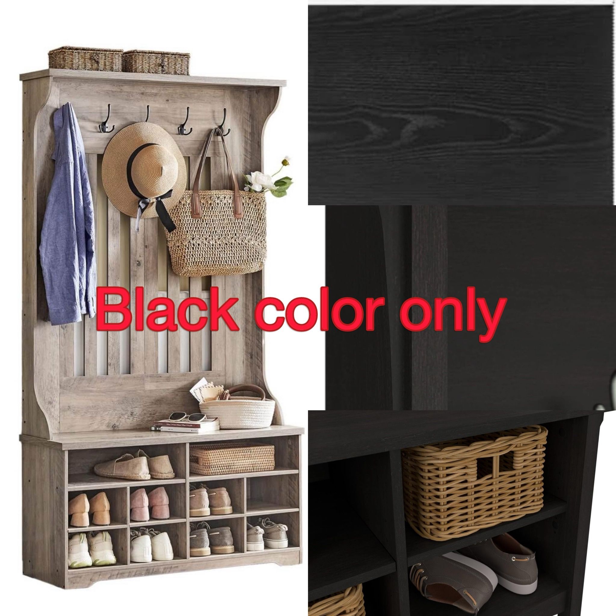 Black color only Coat Stand with Shoe Bench, Wardrobe Shoe Storage, 5 Triple Hooks, Freestanding, Space Saver, Entryway, Hallway, Adjust