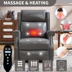 #244AB Grey High-End Leather Manual Recliner Chair with Massage and Heat, Nailhead Trim, Side Pocket