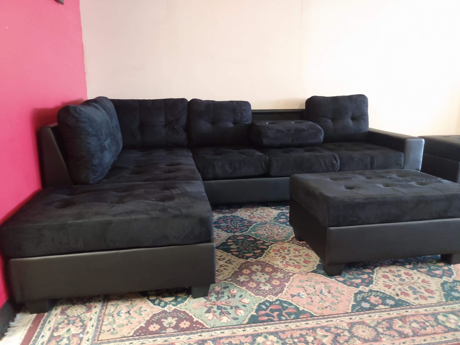 BRAND NEW REVERSIBLE SECTIONAL SOFA WITH DROP DOWN TABLE AND STORAGE OTTOMAN