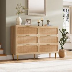 Natural Rattan 6 Drawer Dresser with Metal Handles and Storage Compartments for Bedroom and
