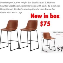 New in box Counter Height Bar Stools Set of 2, Modern Counter Stool Faux Leather Barstools with Back, 26 inch Seat Height Island Stools Countertop Com