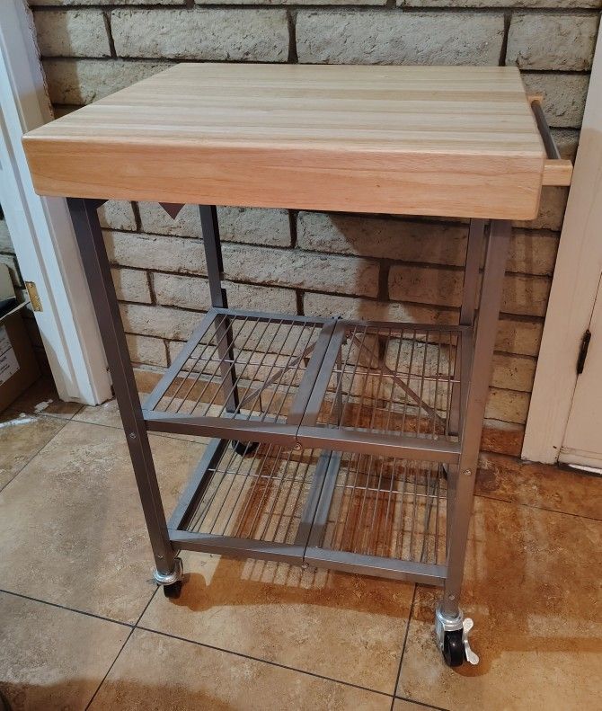 Rolling Kitchen Cart Solid Wood Top