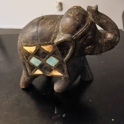 Vintage Hand Carved Wooden And Metal Elephant Figurine 6 3/4” Tall