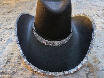 Black Sparkle Sequin Cowboy Hat with Silver Trim & Chin Strap – One Size