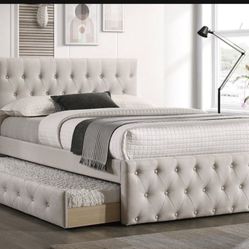 New In Box FULL BED W/TRUNDLE  LIGHT BROWN BURLAP And 2 Mattresses.