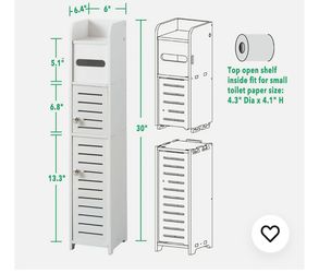 The Toilet Cabinet for Skinny Bathroom Storage Corner Floor, Slim Paper Holder with 2 Doors & Shelves (White)