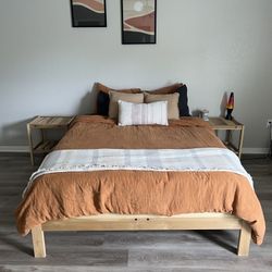 Solid Wood Poplar Queen Bed Frame and Night Stands, Mattress and Bedding