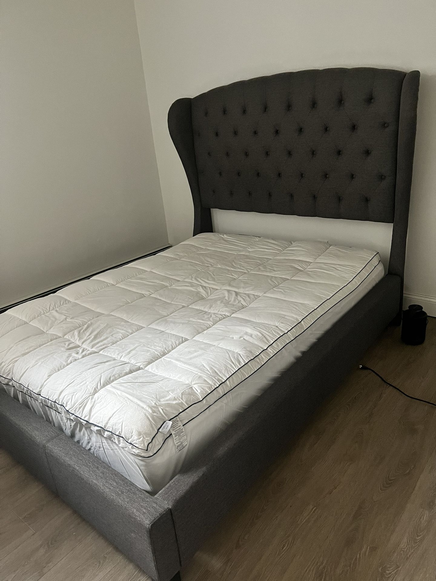 Grey quilted headboard and bed frame (attached) MUST GO BY MONDAY 4/29