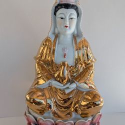 Porcelain Pottery Quan Guan Yin Goddess Boddhisattva Statue Pink  Gold Vintage  MOVING SALE 92408 ZIP