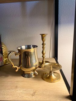Vintage brass candlesticks and tankard