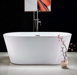 BTA1514/B0014-B/N-Drain&O, 59" Acrylic Freestanding BathtubContemporary Soaking Tub with Brushed Nickel Overflowand Drain,White Tub