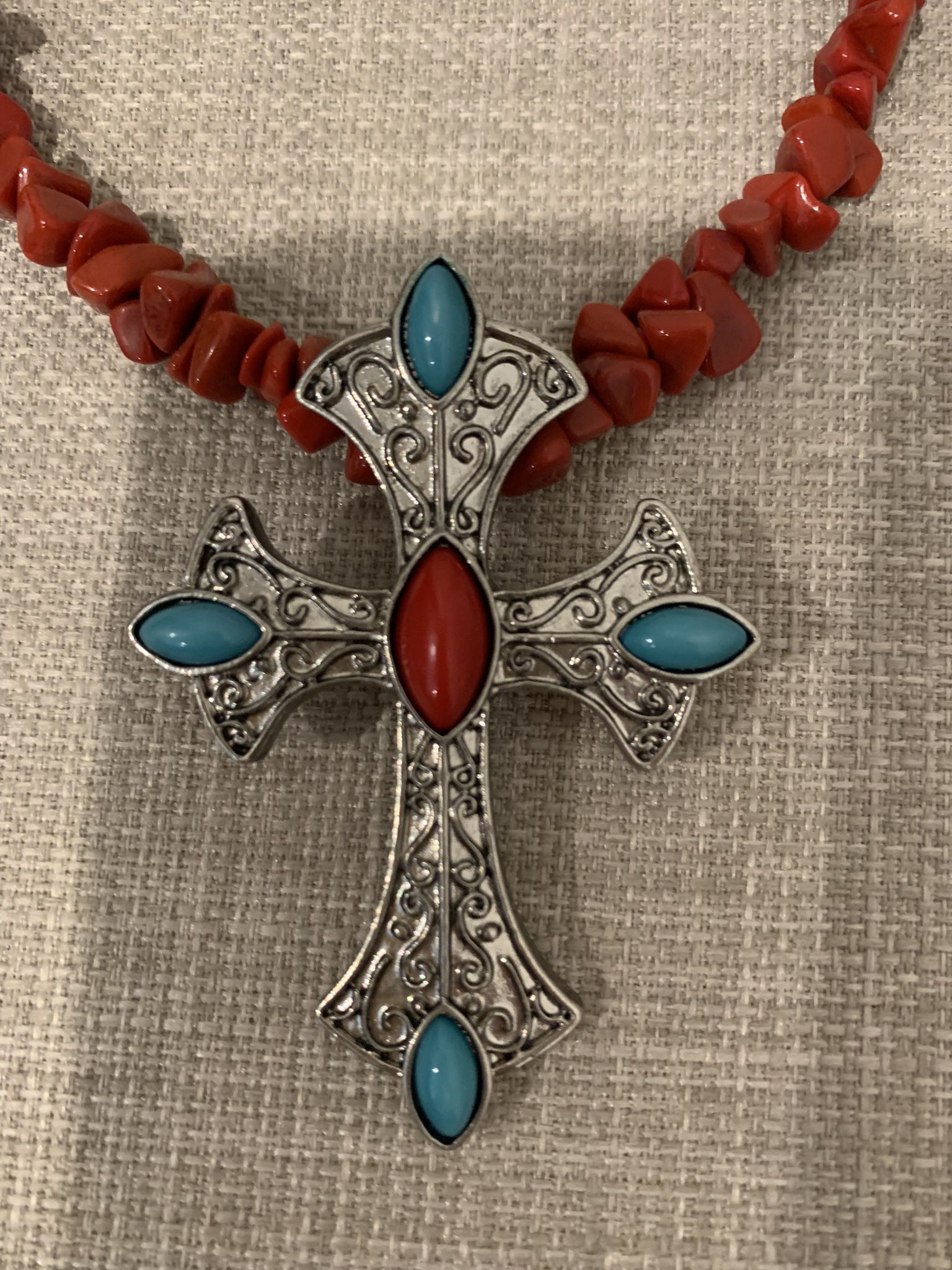 Beautiful Cross With Silver, Turquoise Color and Red Stones Choker