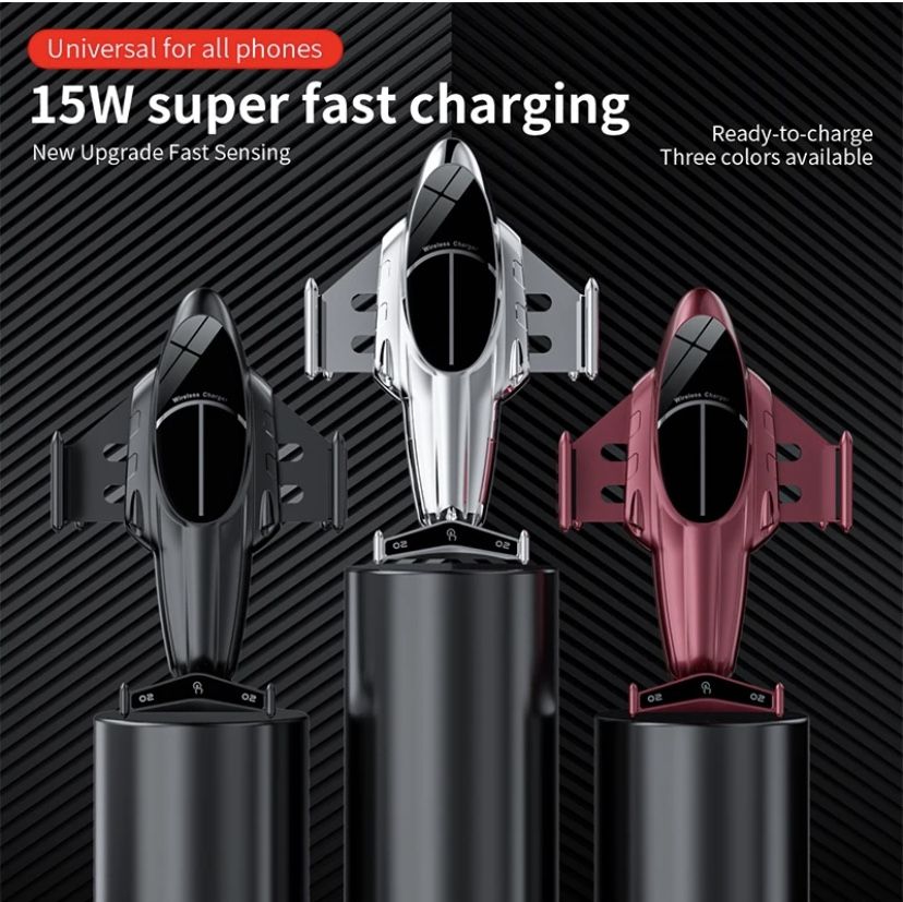 New Wireless Magnetic Car Mobile Fast Charger Auto Sensor And Holder Airplane Shape For Car Vent, Qi Wireless 15W