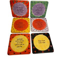 6 vintage Cat Quote Coasters Ceramic painted 90s colorful Cat dog Home Humor