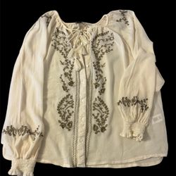 NWOT Elie Tahari Embroidered Peasant Blouse - Cream/Tan Boho Tassel Top L