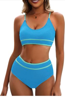 Century Star High Waisted Bikini Sets for Women Sporty Two Piece Swimsuit Ribbed Color Block Bathing Suit