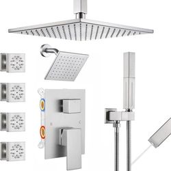 Shower Faucet Set Brushed Nickel Shower System,Four Modes Shower Faucet with 2 in 1 Handheld,Ceiling Mount 10 Inch Shower Head with 6 Inch Shower Head
