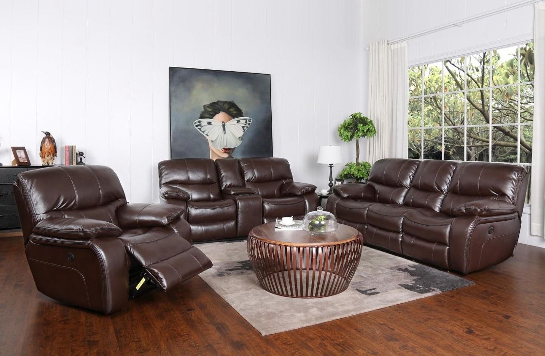 The summer clearance sale. Madrid brown leather reclining sofa and loveseat set $1199. Recliner chair, $399. Easy finance option. Same-day delivery.
