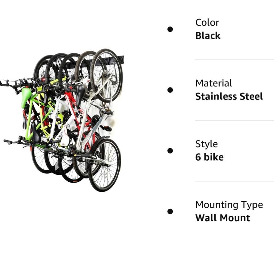 6 Bike Wall Mount - New In box Storage Rack,6 Bike Storage Hanger Wall Mount for Home & Garage Holds Up to 300lbs, Black