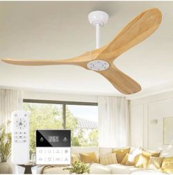52 Inch Natural Wood Ceiling Fan No Light, Propeller Outdoor Ceiling Fans Without Lights with Wall Switch and Remote Control, Quiet DC Motor, 3 Blades