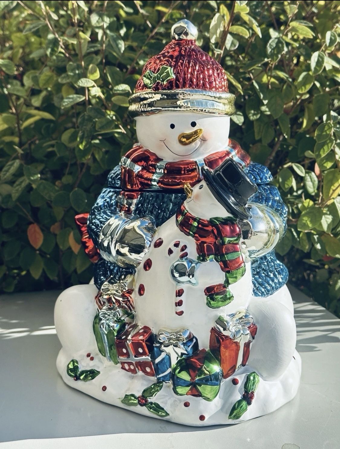 Vintage DAVIDS COOKIES SNOWMAN Cookie Jar Metallic Mercury Glass Finish Canister