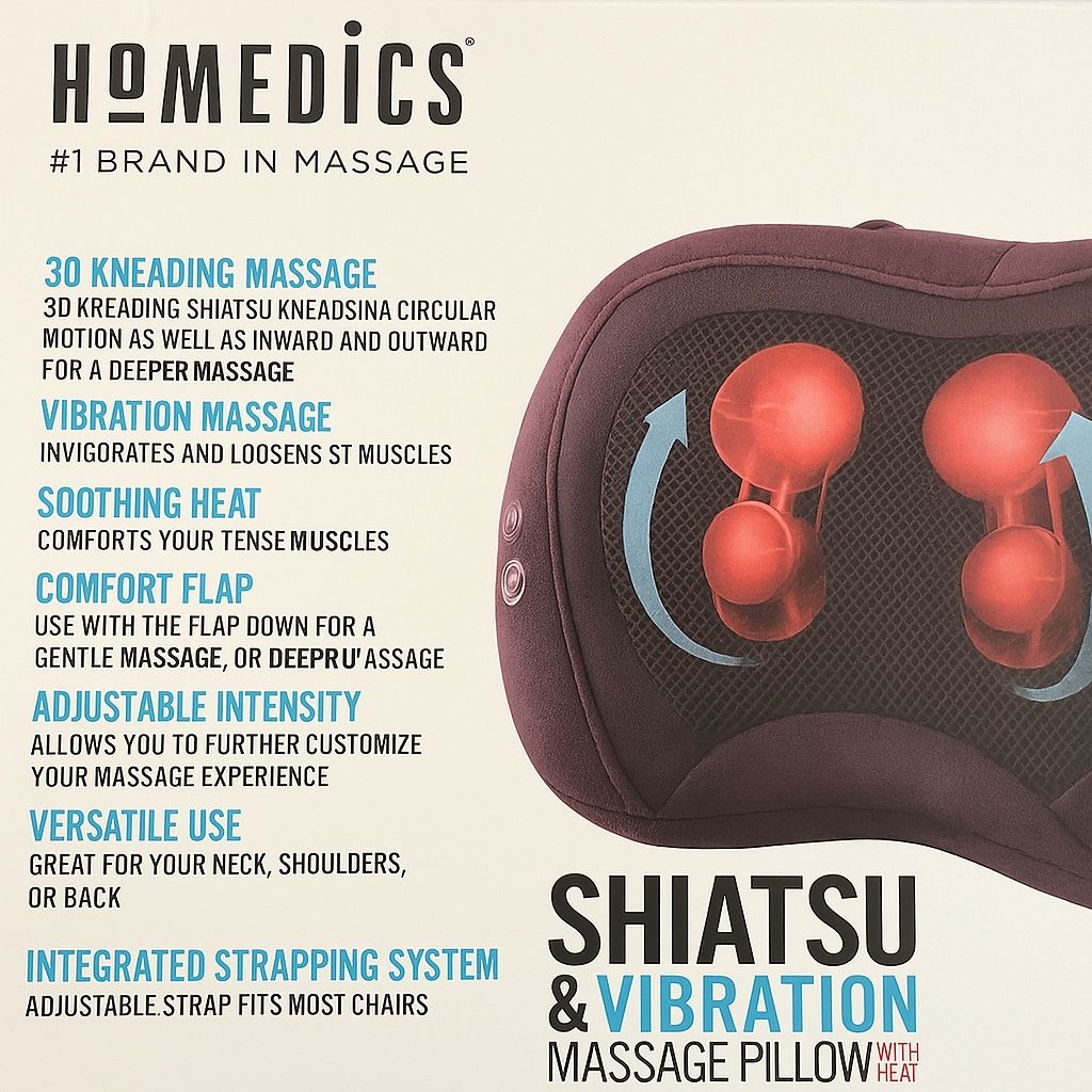 HoMedics Shiatsu & Vibration Massage Pillow with Heat – New in Box Description: Melt away stress at home with this brand-new HoMedics Shiatsu