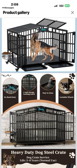 EasyCom 48 Inch XL XXL Heavy Duty Indestructible Dog Crate, Escape Proof Metal Dog Kennel with Open Top, Lockable Wheels & 2 Adjustable Bowls, Indoor 