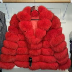 Bright Red Real Fur Coat