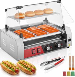 Hot Dog Roller 7 Rollers 18-24 Hot Dogs Capacity, 1050W Stainless Steel Hot Dog Machine with Bun Warmer Shelf, Dual Temp Control, Glass Cover, Removab