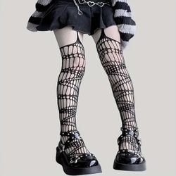 Chic Women's Fishnet Tights - High Waist, Hollow-Out Design with Elastic Nylon Blend , Punk Women's Stockings & Hosiery , clothing clothes yoga pants