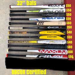 Baseball Bats Sz 32” BBCOR Certified . Prices are labeled in the picture . Have More Baseball And Softball Equipment Available