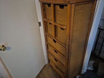Tall Wood and Wicker Basket Drawer Cabinet 60" tall 25" wide 8 Drawers