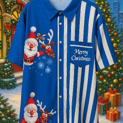 XXL Christmas Button Up Shirt Santa Rudolph Blue White