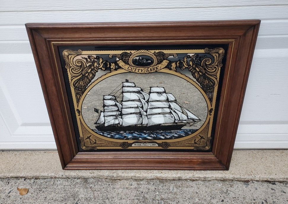 Vintage Bar Sign Cutty Sark Whiskey Mirror Framed British Clipper 1869 Sailing Ship