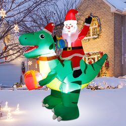 DR.DUDU 7 Ft Christmas Inflatable Santa Claus Ride on Dinosaur, Built-in LED