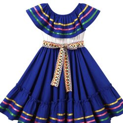 Mexican Dress for Girls Embroidered Traditional Mexican Dress with Belt Cinco de Mayo Fiesta Birthday Party Dresses (5-6 Years, Navy Blue)