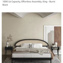 Gem Wooden Bed Frame with Headboard and Natural Rattan, Solid Oak Foundation with Silent Slats, 1000 Lb Capacity, Effortless Assembly, King - Burnt Bl