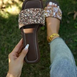 Women's Rhinestone Sandals Glitter Casual Sandal Flats Open Toe Sparkle Slides