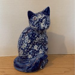 Vintage Chintz Porcelain Blue and White Floral Calico Cat 10”  B9