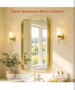 16" x 24" Bathroom Medicine Cabinet with Mirror and Storage Metal Gold Modern Bathroom Mirror Cabinet, Metal Frame, 1 Door 2 Adjustable Glass Shelves,