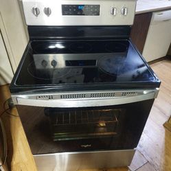 Black And Stainless Whirlpool 5 Burner Glass Top Stove With Self Cleaning Oven Works Great 